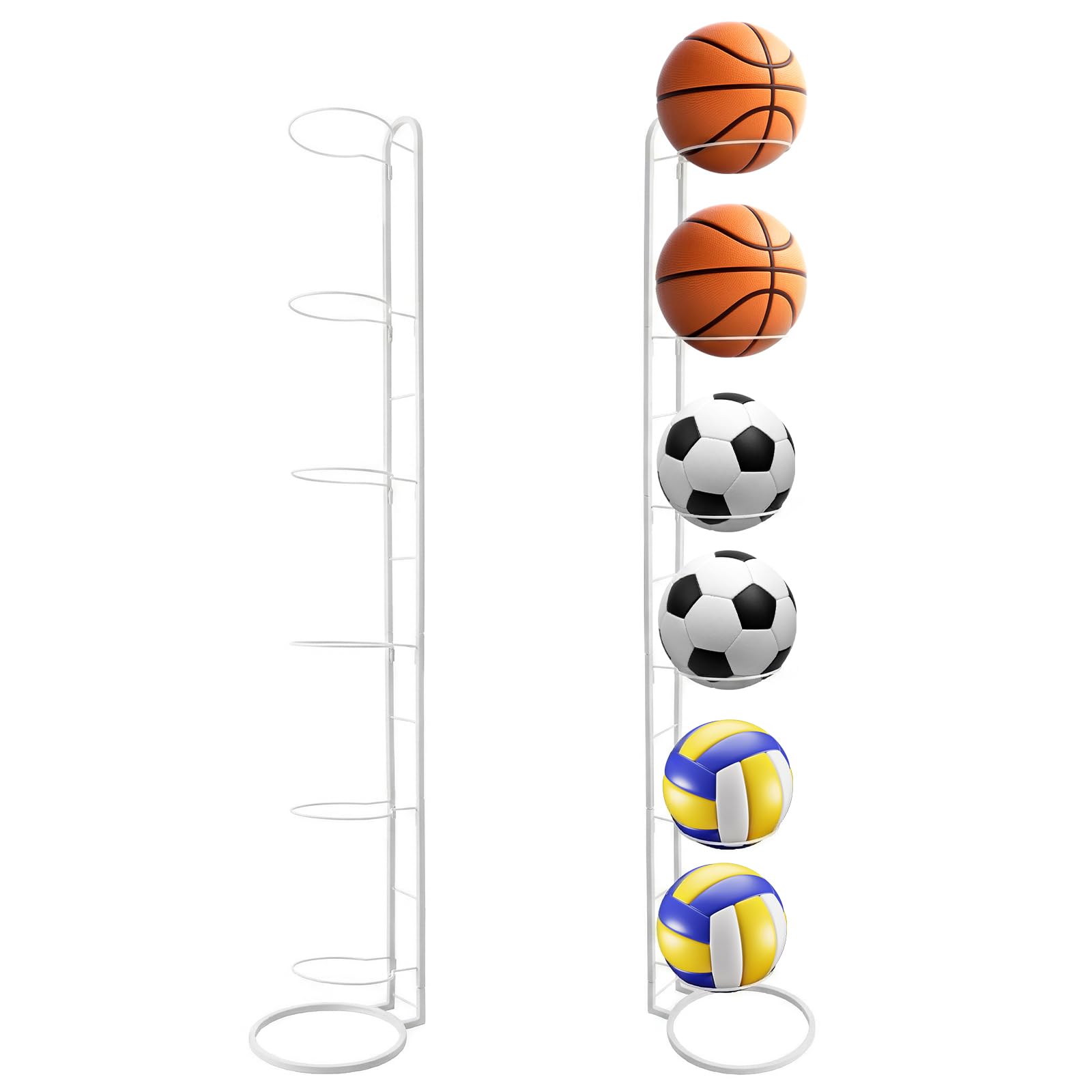 3 Tier Ball Storage Rack Metal Vertical Sports Equipment Organizer Stand Sports Football Stand for Football Basketball Volleyball (White, 6 Tier)