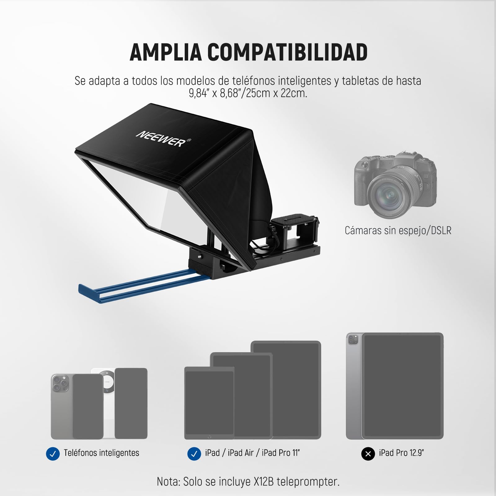 NEEWER Basics X12B Teleprompter Elevable Aleación Aluminio 12", Compatible con iPhone iPad Tablet Phone Camera, Sin Ensamblaje/Remoto & App Control, paño de Limpieza, para Curso Online Streaming Live