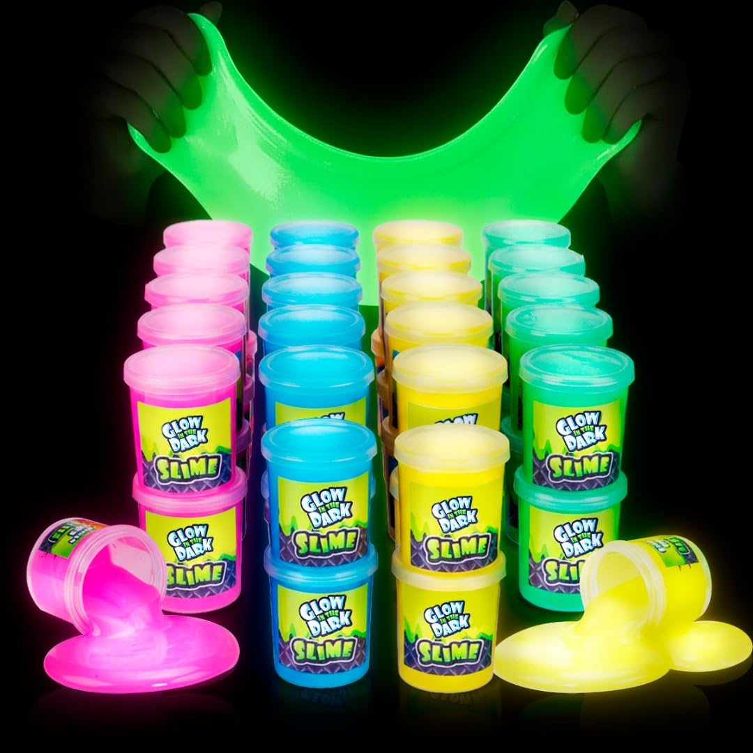 Mini Glow in The Dark Slime - 24 Pack - Slime Party Favors Neon Blue, Green, Pink, Yellow Colors - Glowing Slime Kit for Kids - Party Favors, Goody