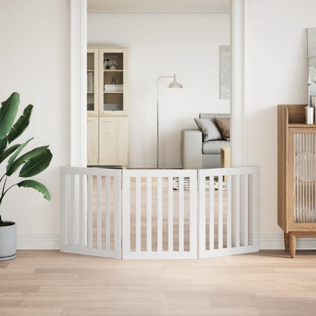 3-TLG. faltbares Hundetor aus Pappelholz, weiß, 150 cm, für Wohnzimmer, Küche und Treppe, ohne Bohren montierbar, platzsparend zusammenfaltbar
