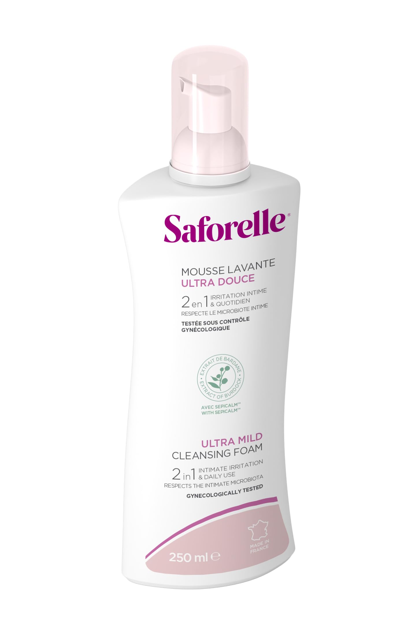 SAFORELLE – Mousse Lavante Ultra Douce – Soin Intime &Corps Quotidien – Peaux normales, sensibles & irritées – À l’extrait de Bardane – Sans savon – 250 ml