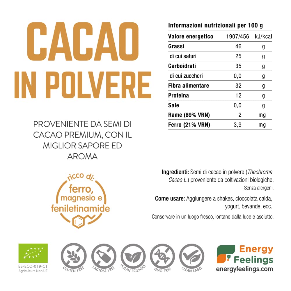 Energy Feelings Cacao Crudo BIO in Polvere 1 Kg, Cacao Sgrassato senza Zucchero, Glutine nè Lattosio, Vegano, Antiossidante
