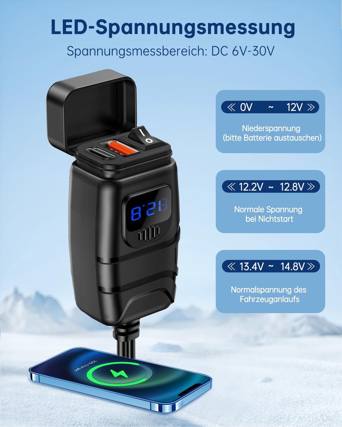 ZEXMTE Chargeur USB pour moto, 6,8 A, charge rapide 3.0, double USB, avec voltmètre et interrupteur marche/arrêt, prise de moto étanche pour téléphones, tablettes, appareils photo numériques, GPS