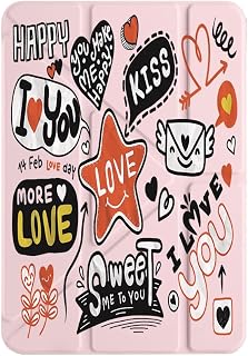 Samsung Galaxy Tab A9 SM-X110 8.7" ile Uyumlu Tri Folding Kılıf, Uyku Modlu, Kalem Bölmeli, Love Sticker, Pudra Pembe