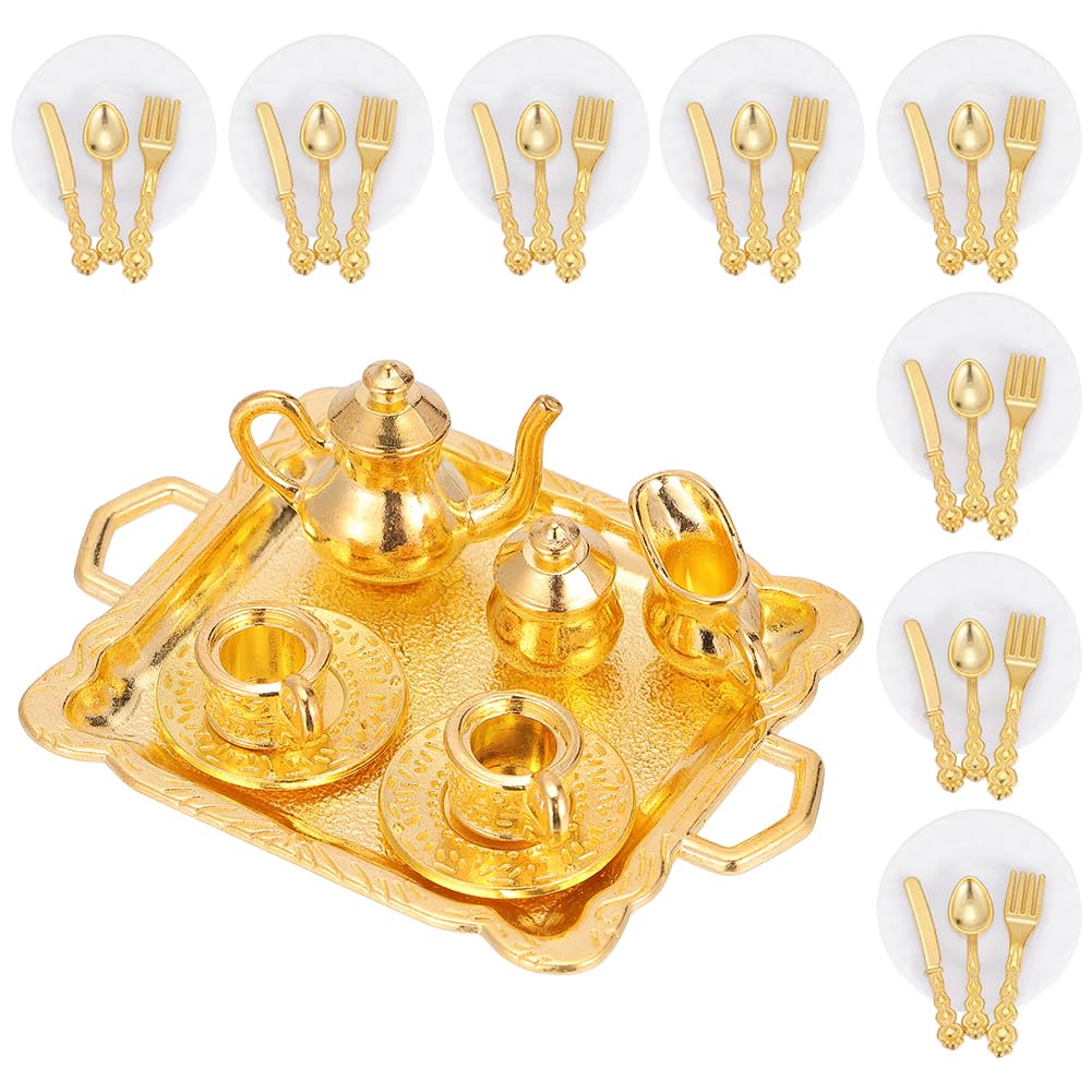 WADORN 1:12 Scale Miniatures Dollhouse Tableware & Tea Set Dollhouse Kitchen Accessories Include Mini Spoon Fork Teaware Kits for Dollhouses Kitchen Accessories Decor, Golden
