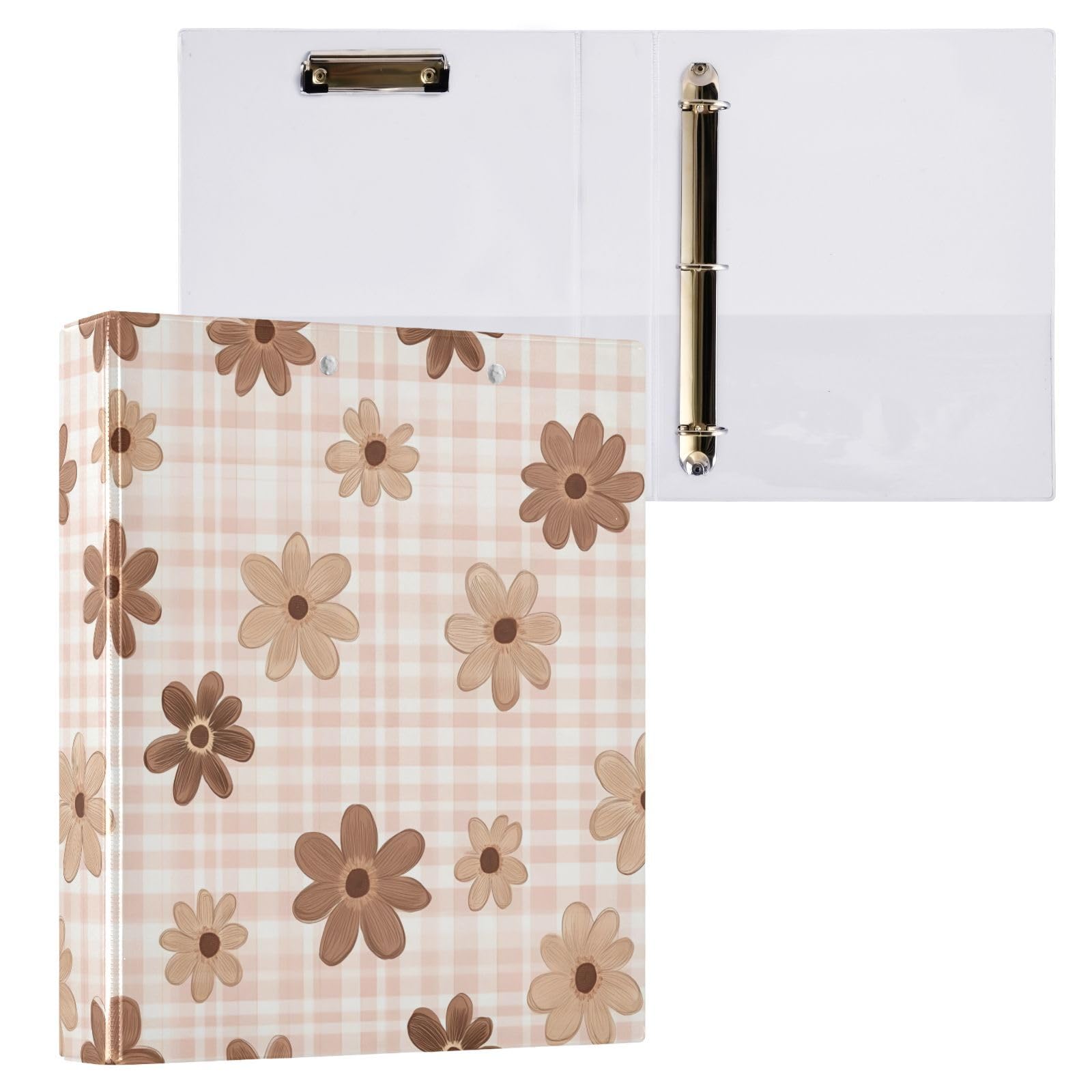 Raccoglitori a 3 anelli, 3,8 cm, con fiori beige, decorativi, rotondi, con clip in metallo, organizer per casa e ufficio, confezione da 2