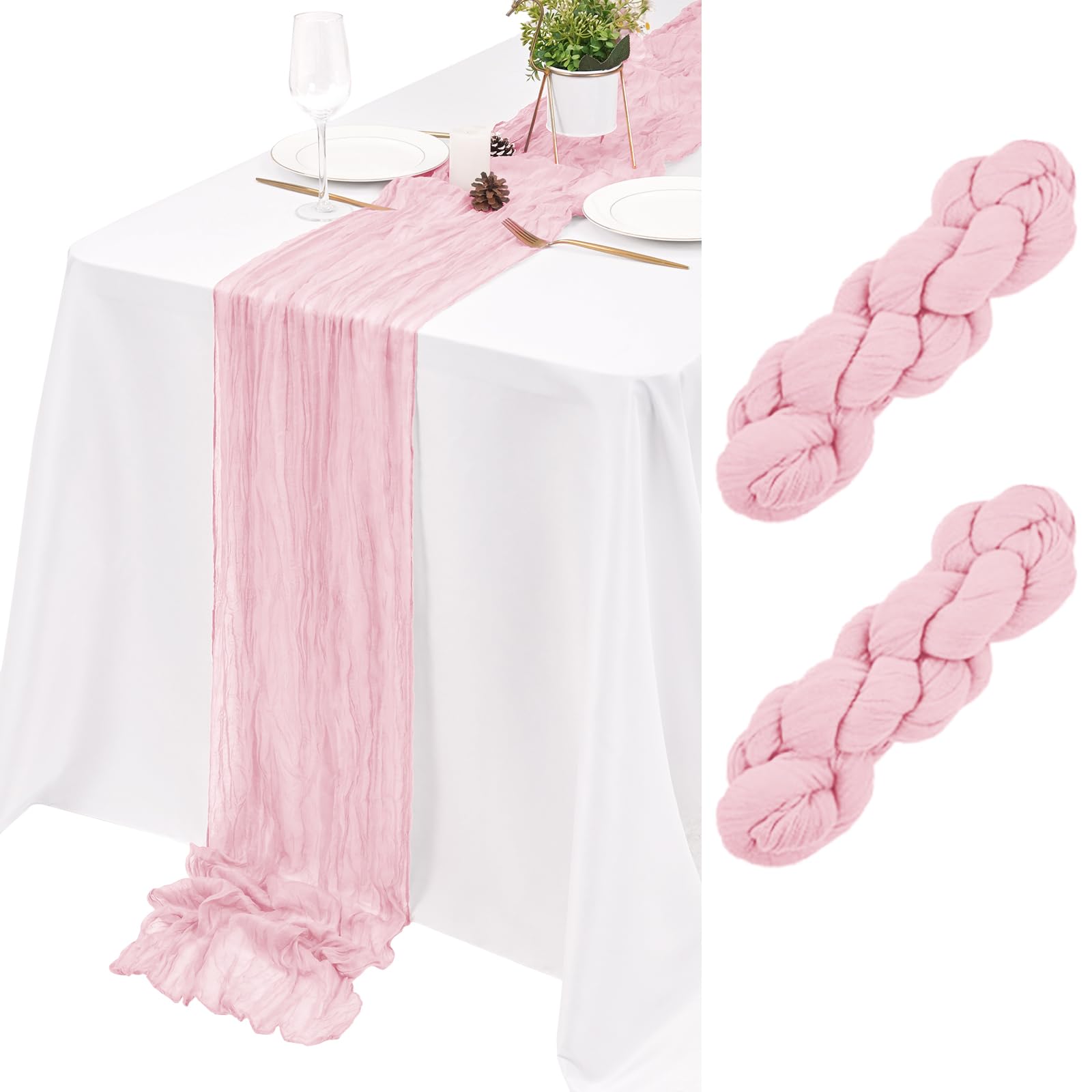 2 Pack Light Pink Cheesecloth Table Runner 17×108inches Cheesecloth Table Runner Wedding Decor Boho Gauze Table Runner for Wedding Party Baby Bridal Shower Birthday Holiday Home Easter Party