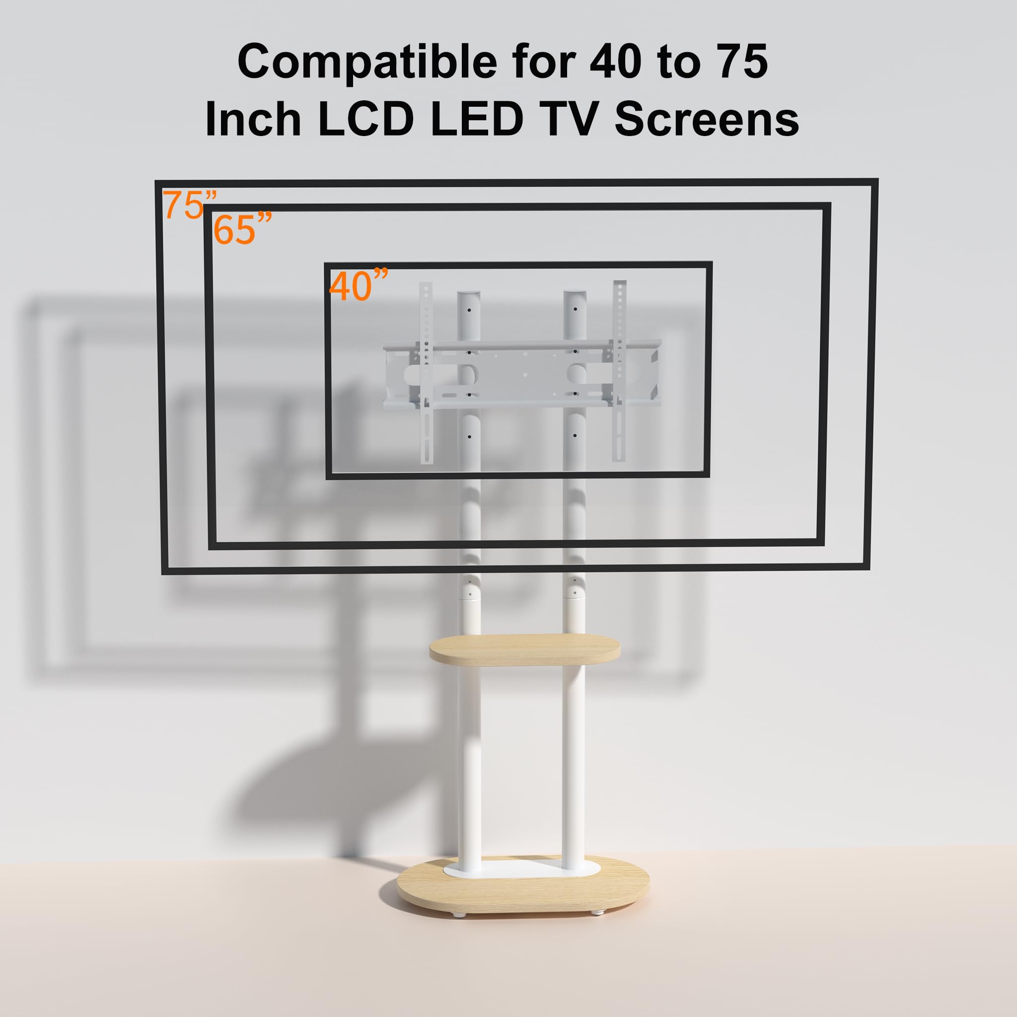 UNHO Supporto TV da Pavimento con Ruote Nascoste per 40-75 Pollici Bianco | Porta TV con Ruote, Peso Max 60kg, Max VESA 600x400mm, Legno Ripiano, Regolabile in Altezza, Doppia Colonna Stabile