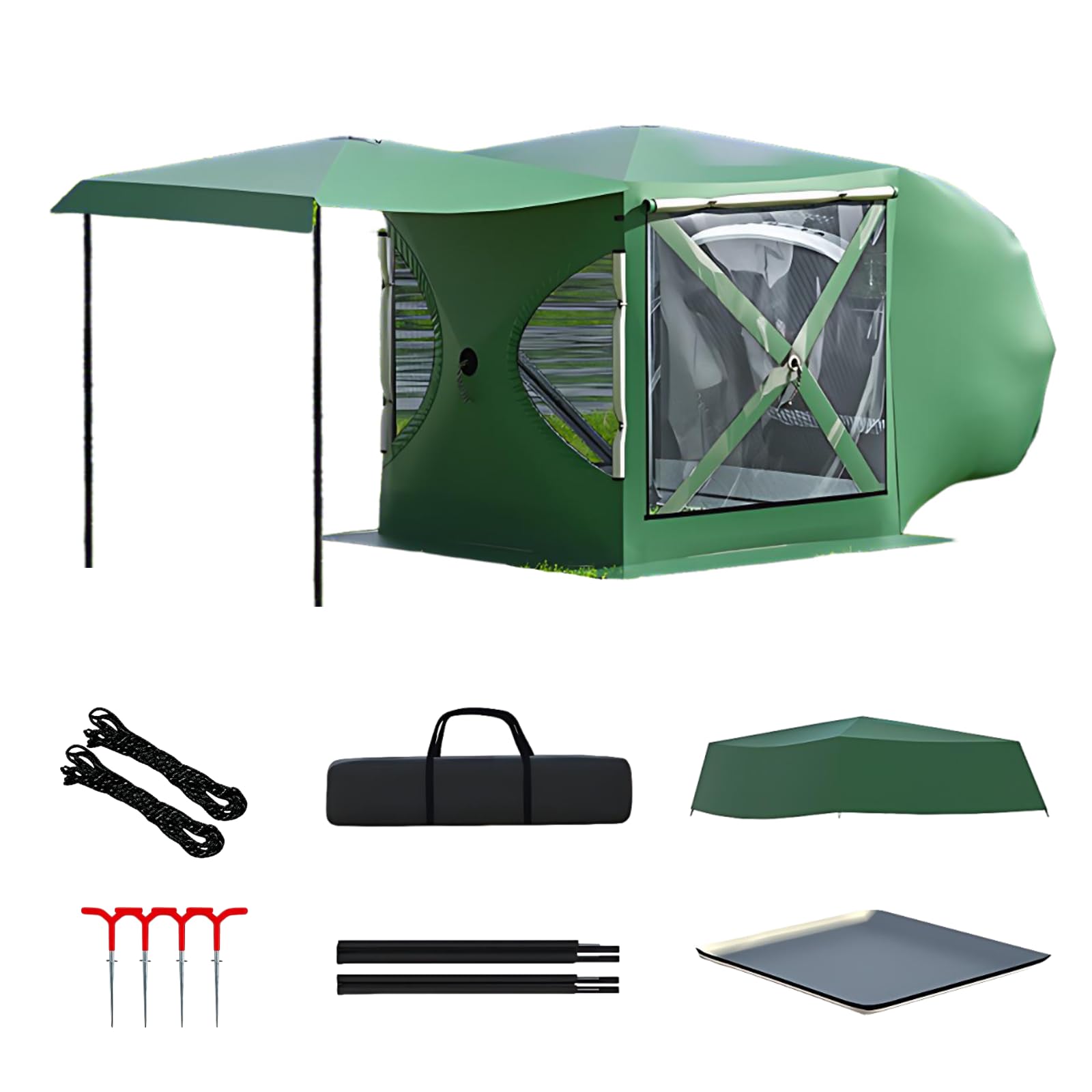 UPLTOE Panoramic SUV Tailgate Tent, 3-4 Person, Pop-Up Instant Setup, Large TPU Windows, Silver-Coated Oxford, with Portable Carry Bag, Rain Cover, Stakes, Guy Lines, Carry Bag Green-B