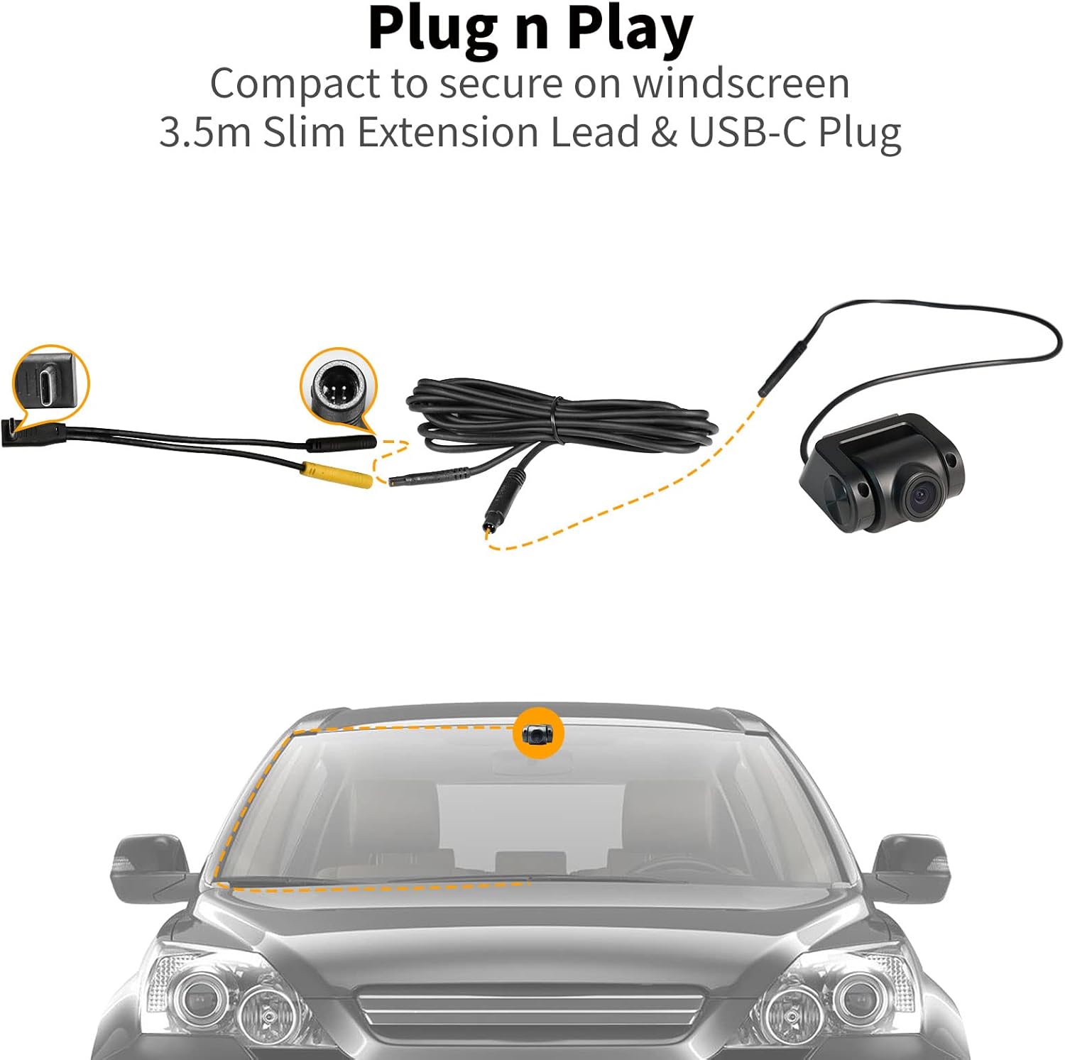 Diagram showing the ATOTO AC-FCR01W camera, its USB-C plug, extension cable, and placement on a car's windshield.