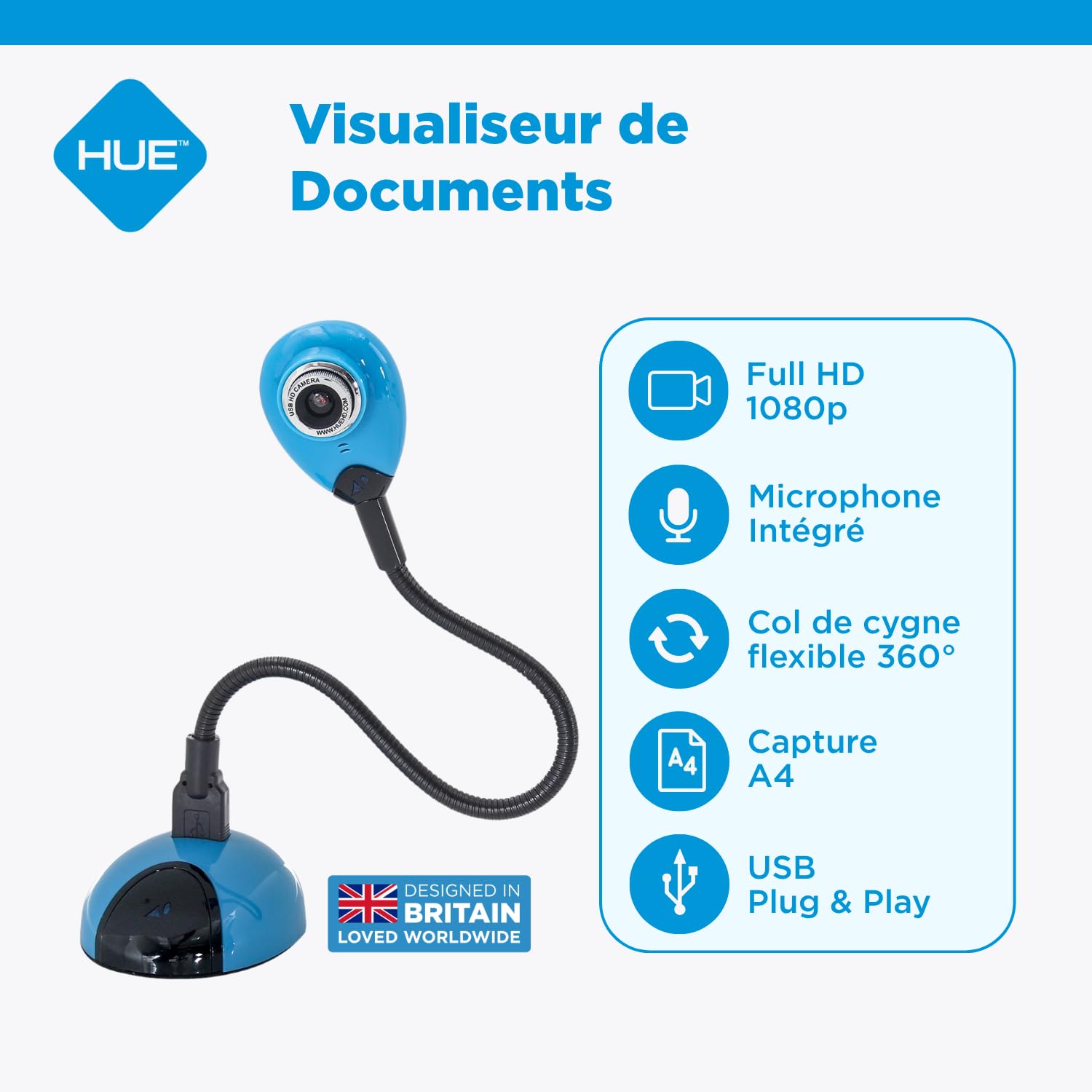 HUE HD : Caméra USB Flexible et Visualiseur Portable, Full HD 1080p (Bleu)