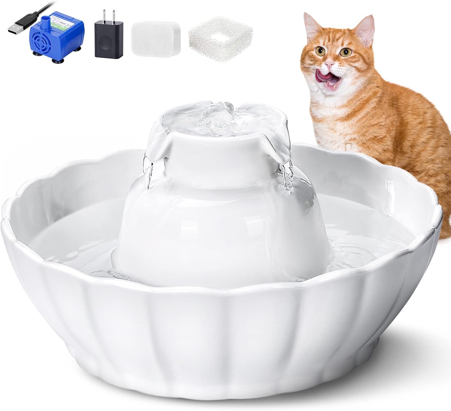 GISOFIK Tritone Ceramic Pet Water Fountain, 71oz/2.1L Porcelain Cat