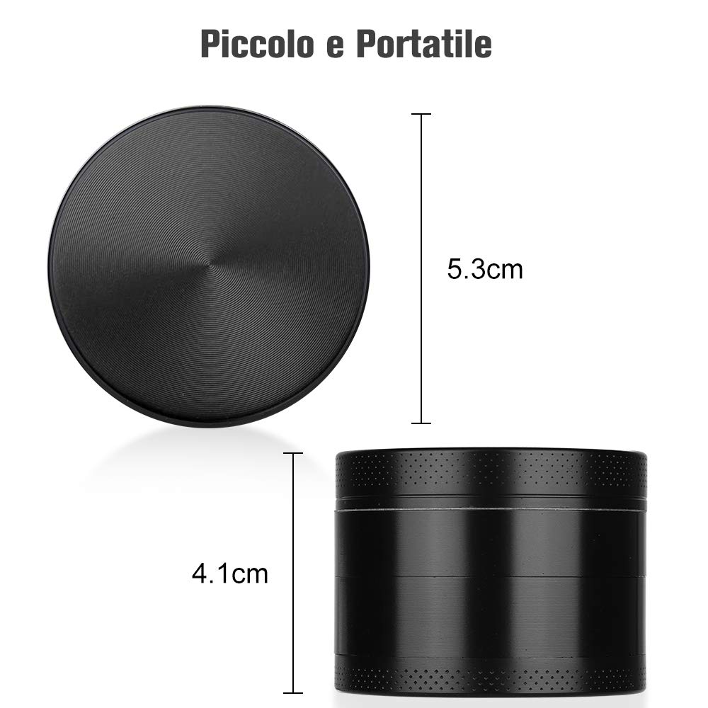 Anpro Grinder 55 mm Spezie Macina Tritino 4 Pezzi Spezie Grinder in Metallo con Setaccio per Polline, Coperchio Magnetico e Raschietto, Nero