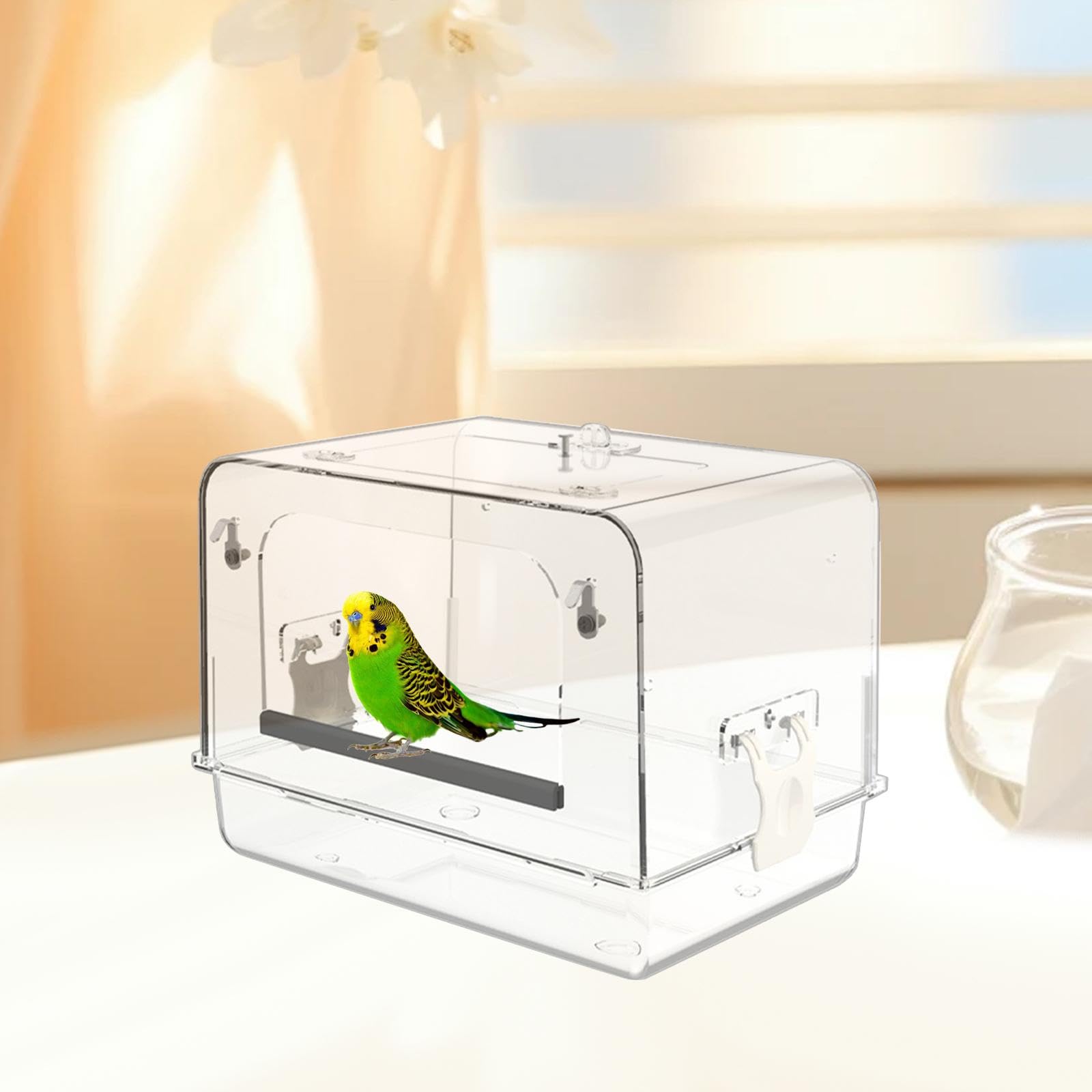 Baño para Pájaros Bañera Acrílica Desmontable con Puerta Antideslizante Ligera Adecuada para Aves Pequeñas Cockatiel Regalo Interior, Claro