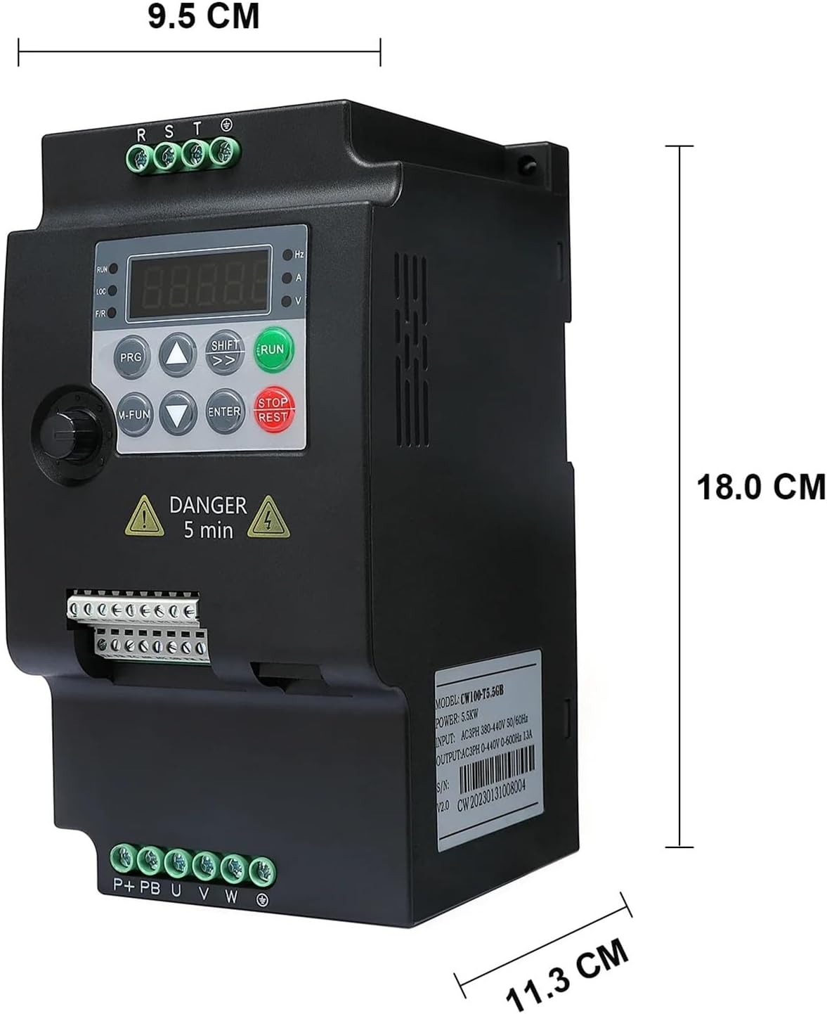 Side view of the perdnmkg SU300-4R0G2 Frequency Converter with dimensions labeled as 9.5 CM, 18.0 CM, and 11.3 CM.
