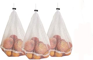 DurReus Recycle Drawstring Mesh Produce Bags Foldable Double-Stitched Strength Zero Waste Grocery Shopping Bag For Fruit,Veggies,Fridge Organizer,Small 3 Pack