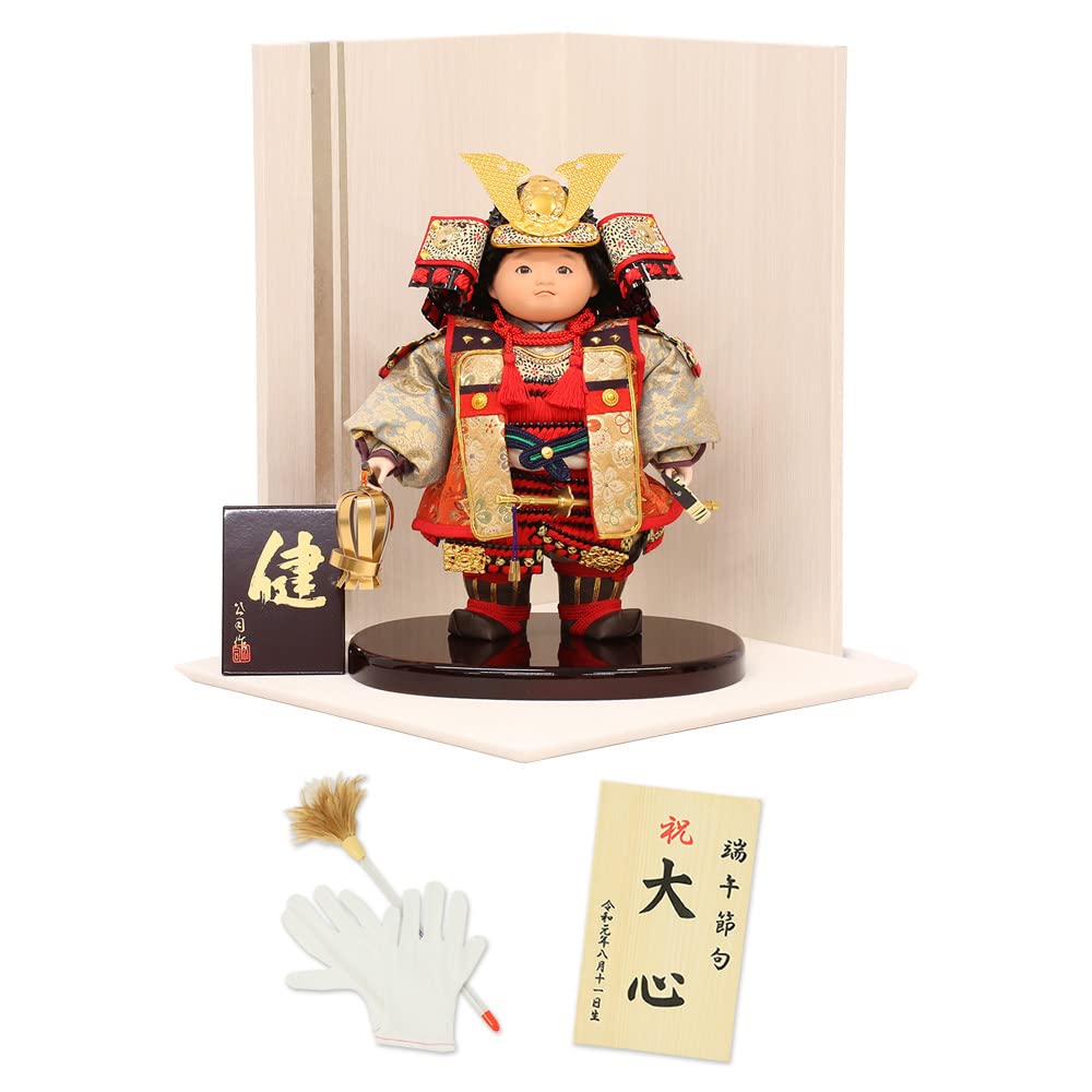 五月人形子供大将平台飾り【P99007】 可愛くて凛々しいわんぱく顔の上杉謙信公型バイクライダー飾り♪初節句 | 職人手作りの【秀光人形工房】五月人形 ・鯉のぼり・おひなさま人形工房 五月人形 コンパクト 工房天祥 健オリジナル 陣羽織 武者人形 子供大将 木目調台屏風 紺 横幅42.5cm