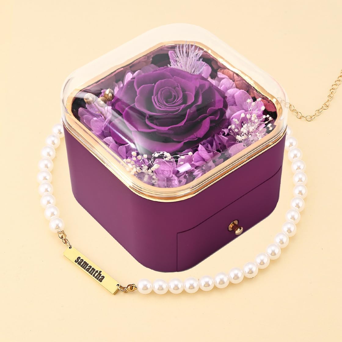 TINGKU Preserved Red Real Roses with Name Necklace for Women, Mom Jewelry Design Preserved Natural Rose in a Box, Eternally Rose Gift Box and Custom Necklace for Mom Grandma Wife Girlfriend