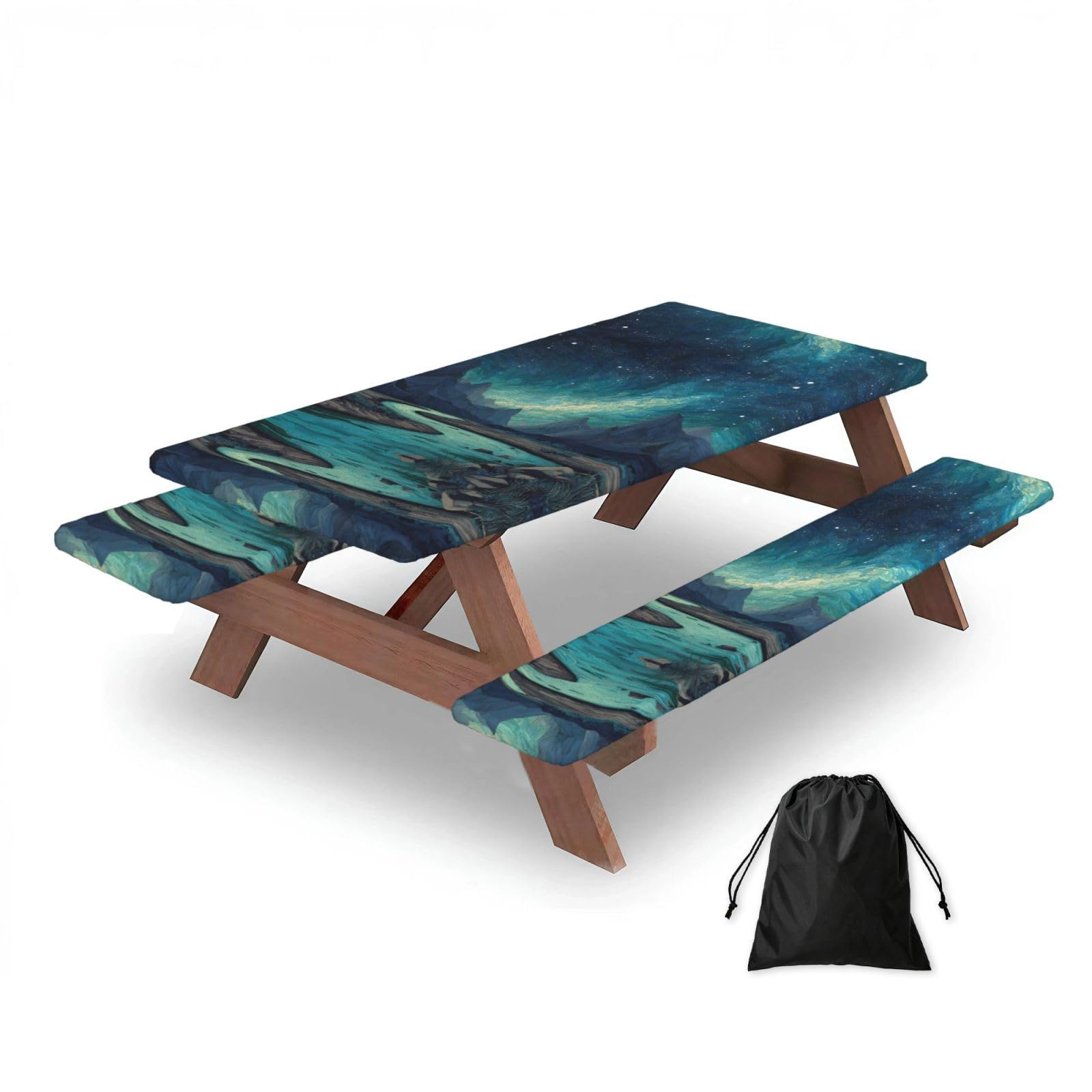 ESNAIUVCD Sky Mountains And Rivers Print Picnic Table Cover With Bench Covers,Camping Essentials,Fitted Tablecloth Cover With Elastic Edge, For Indoor & Outdoor 3 Pcs