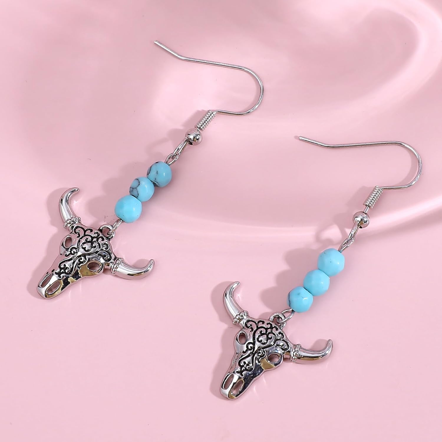 Vintage Western Bull Head Earrings for Women, Dangle Silver Bull Earrings with Turquoise Beads, Bohemian Drop Western Cowboy Cowgirl Style Jewelry Gift - Image 3