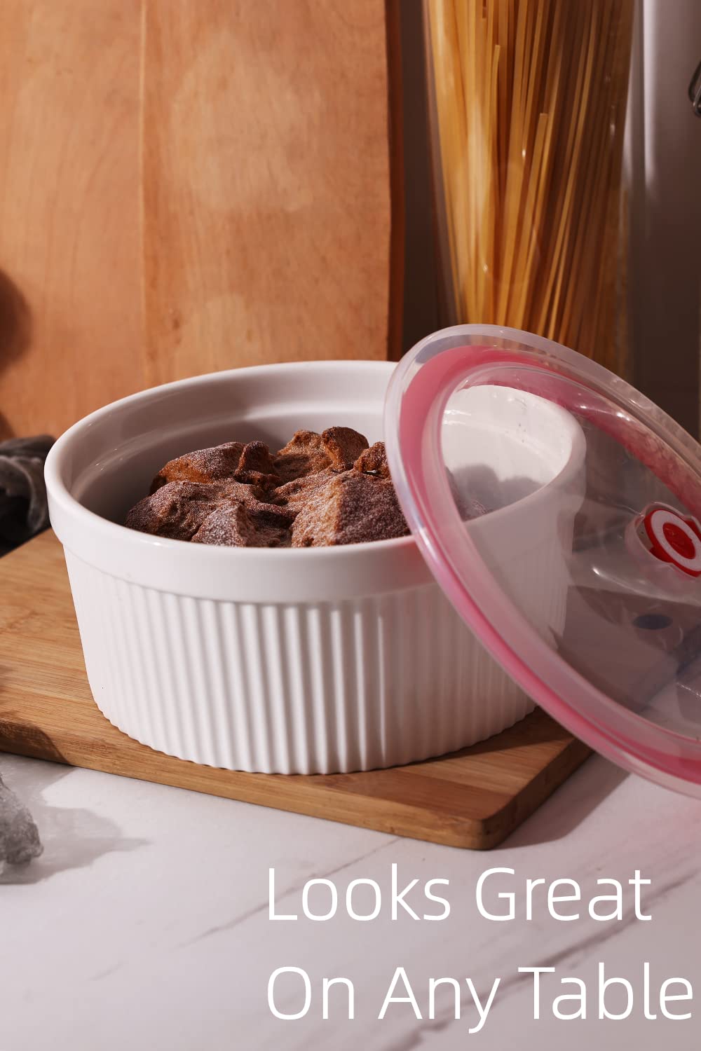 Ramequines de 64 onzas con tapas, 1 unidad, platos de porcelana para soufle, crema brulee, pudín, tazas de natillas y cuencos para hornear, aptos para horno, blanco (8 pulgadas)