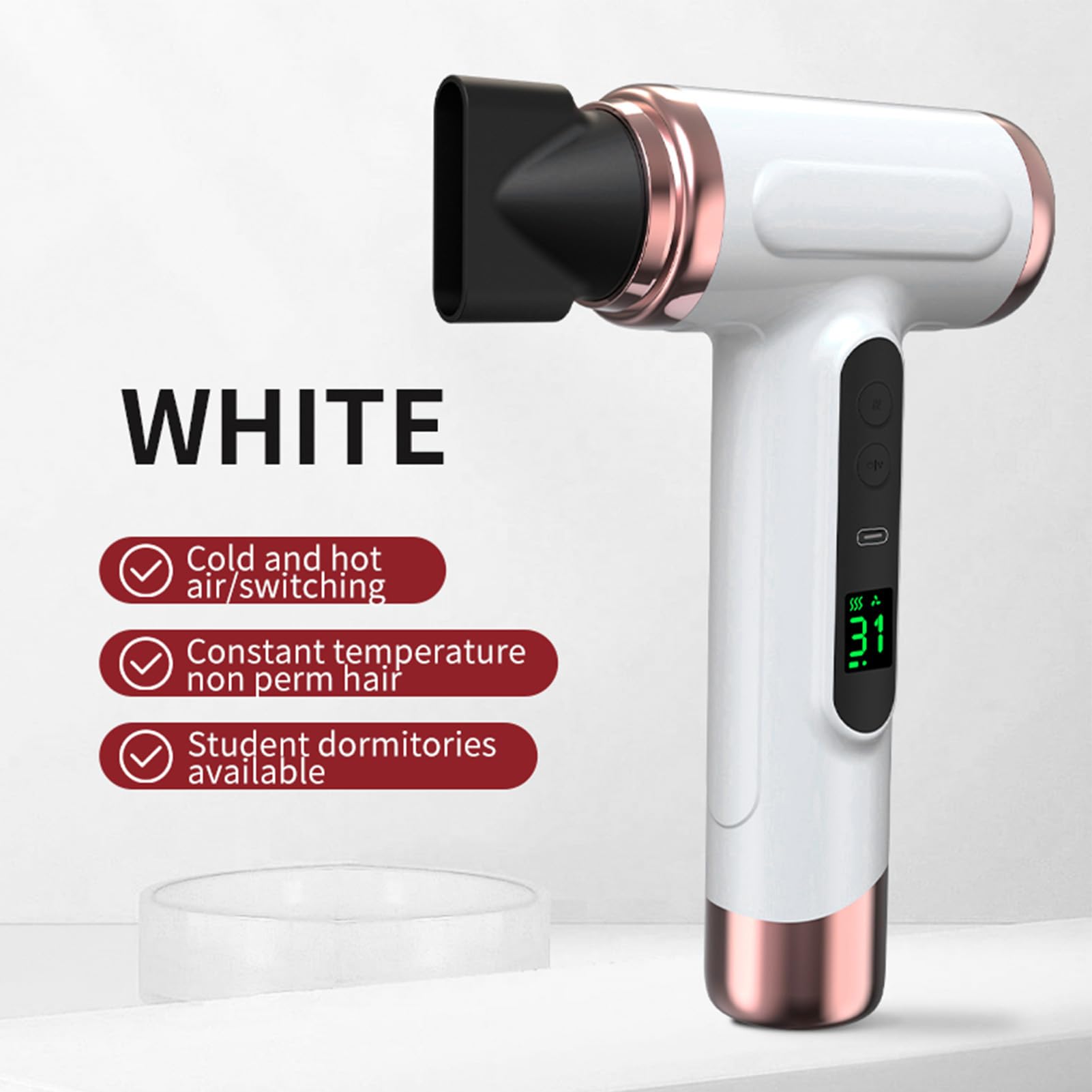 LICAEVEY Secador de Pelo Inalámbrico para Mujeres Estudiantes Dormitorio Camping Al Aire Libre, Secador de Pelo de Viaje Recargable por USB Portátil con Viento Frío y Caliente, (Enchufe de la UE)
