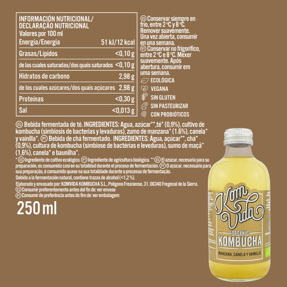 Té kombucha. Komvida. Kit multisabor. 12 botellas de kombucha orgánica. 250 ml. Envío en frío.