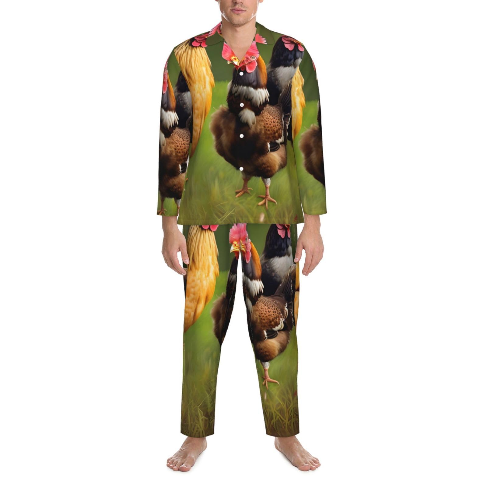 Herren-Pyjama-Set, langärmelig, Hahnmuster, zweiteilig, Hauskleidung, bequeme Nachtwäsche