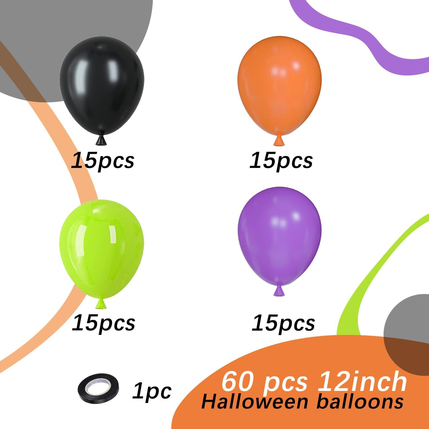 Halloween Latex Balloons, 60pcs 12 Inches Black Orange Green Purple Balloons with 1 Ribbon for Halloween, Birthday, Graduation, Harley Davidson Party Decorations
