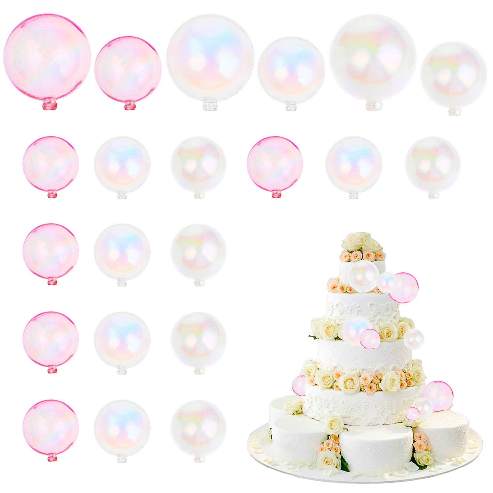 21 Pcs Bubble Cake Toppers Colorful Ball Cake Toppers Mini Balloon Cupcake Topper Bubble Cakes Decorations Foam Cakes Balls Insert Topper for Birthday Party Wedding Decoration (White Clear Pink)