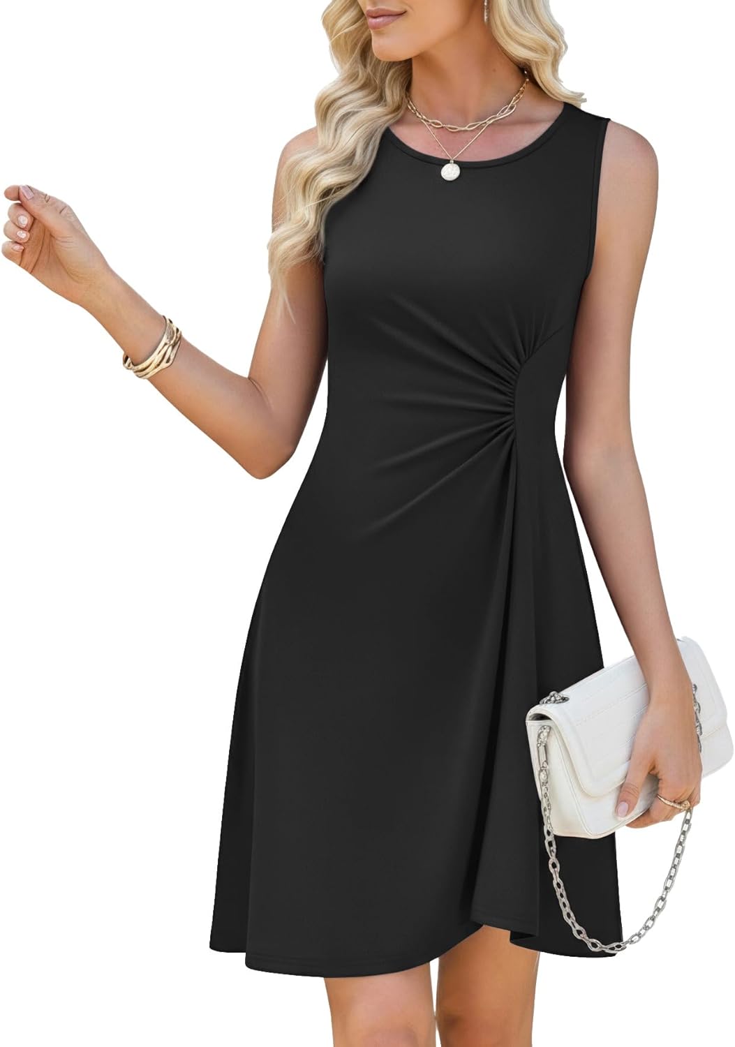 WEACZZY Women's Summer Sleeveless Dress Ruched Waist Flowy A Line Mini Cocktail Party Dresses