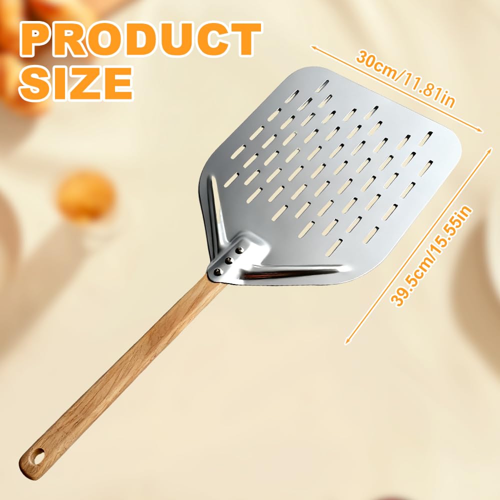 Pelle à Pizza, 12 Pouces Pelle Pizza 39.5x30 cm, Pelle a Pizza Perforée Inox avec Grande Surface et Long Poignée Amovible, Glisse Facilement sur la Pierre à Pizza pour Cuisson de Pizzas