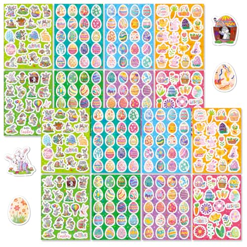 Tomedeks 16 Pièces deco paques, Gommette paques enfant, Stickers Paques Enfant Gommettes,DIY Craft Art décoration Deco Oeuf Poule Lapin Fleur
