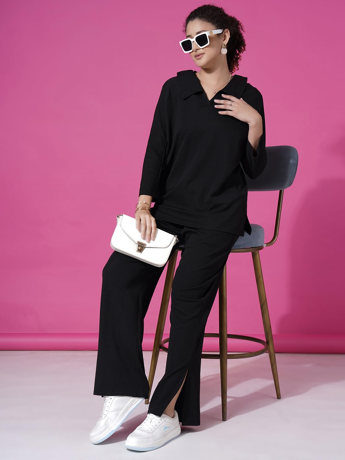 Selvia Women's Co-Ords Set|Lycra Oversized Top & Trouser Set|Casual Co-Ords Set For Women|Two Piece Co-Ord Set|Office Wear Co-Ords Set(710Ctk11695N-L_Black),Jogging Suit 1