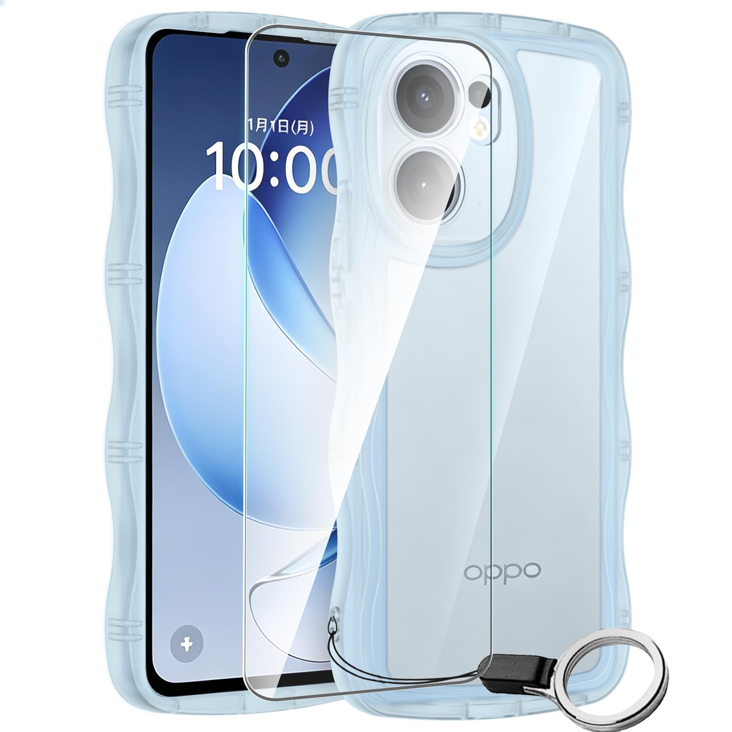 HILEGENER【1+1枚セット】 OPPO Reno13 A ケース+ガラスフィルム オッポ Reno13A 用滑り止め スマホケースウェーブ デザイン 手にフィット TPUカバー 韓国 可愛い シリコンバンパー 波状エッジ ソフトシェル ケース 人気 高透過率 硬度9H 自动吸着 飛散防止おっぽ oppo ネノ13Aガラスフィルム-ブルー