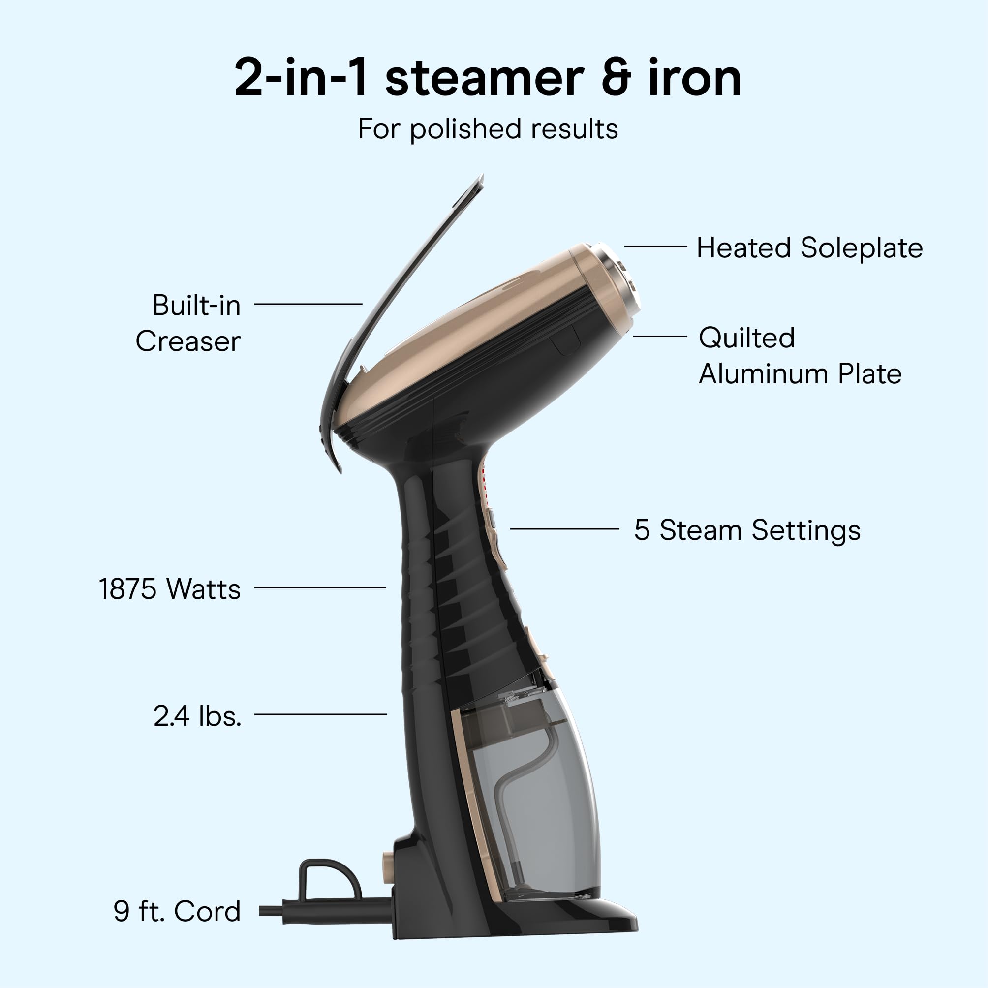 Conair - Vaporizzatore portatile per vestiti, Turbo ExtremeSteam 1875W, design portatile a mano, forte vapore penetrante, esclusivo Amazon nero (GS59B)