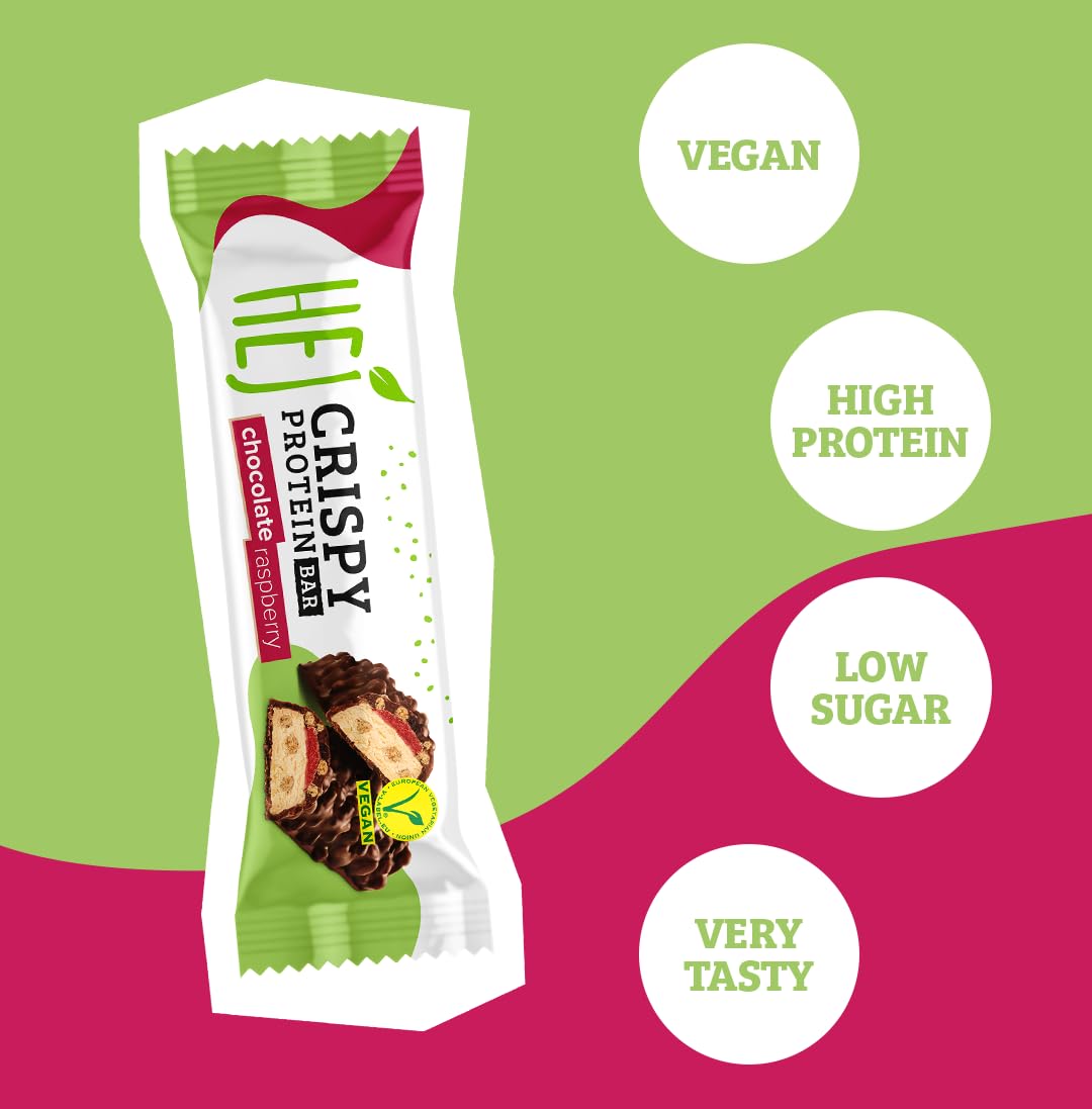 HEJ Vegan Crispy Chocolate Raspberry | High Protein Riegel, zuckerarm nur 0,4 g Zucker | schokoladiger, knuspriger Eiweißriegel, palmölfrei, Low Sugar Snack Bar | 12 Proteinriegel x 45 g