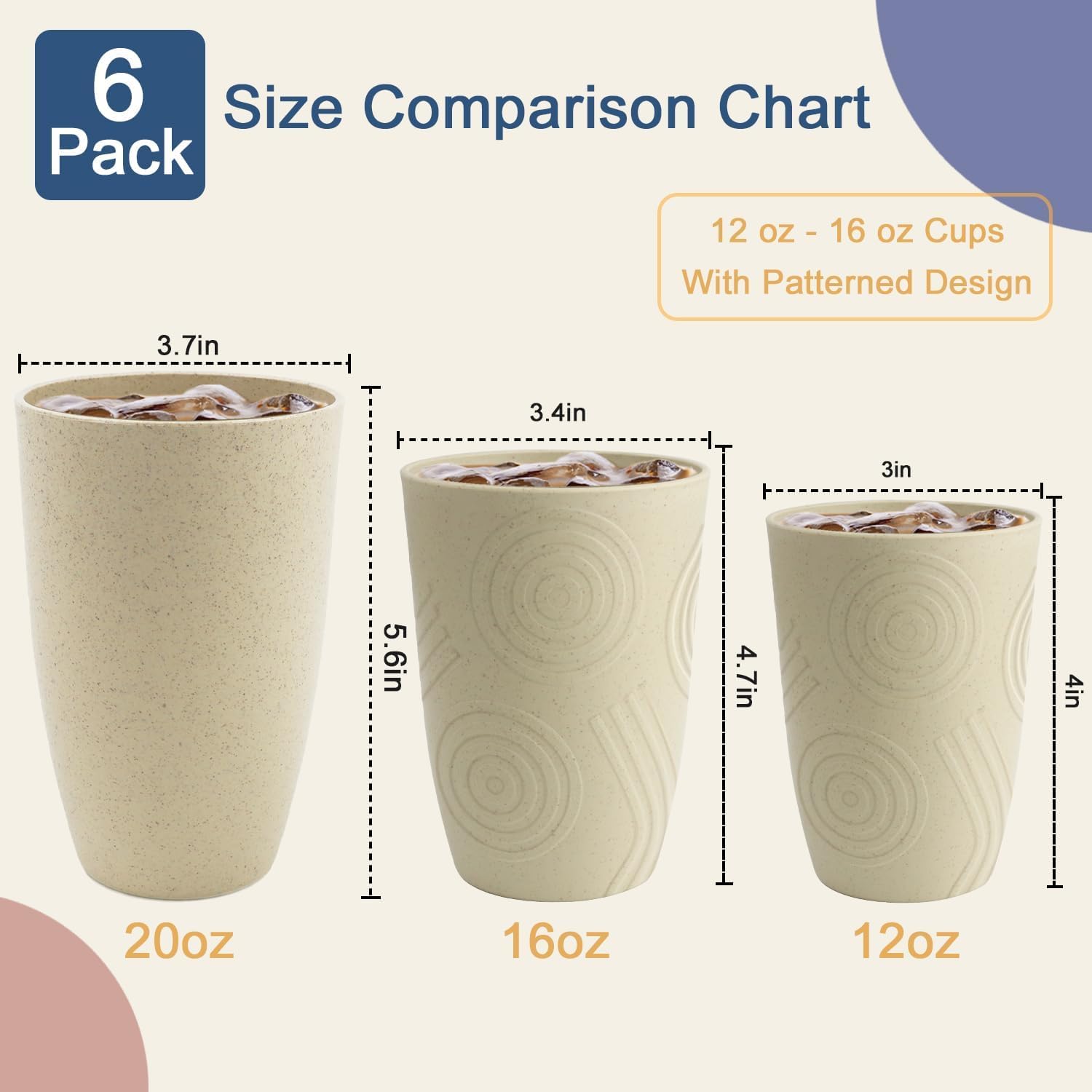 Wheat Straw Cups 20 OZ Large Capacity Set of 6, Unbreakable Drinking Cups Reusable, Alternative to Plastic CupSet, Dishwasher Safe Cups for Kitchen Water Tumblers (Beige) - Image 5