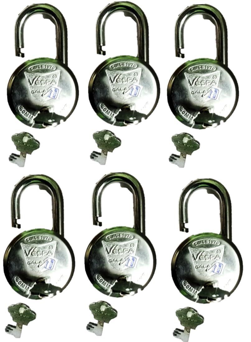 stainless steel round padlock pack 6 pcs lock with 12 keys | double locking, reversible key, anti-cut shackle, rivetless body, home & office use