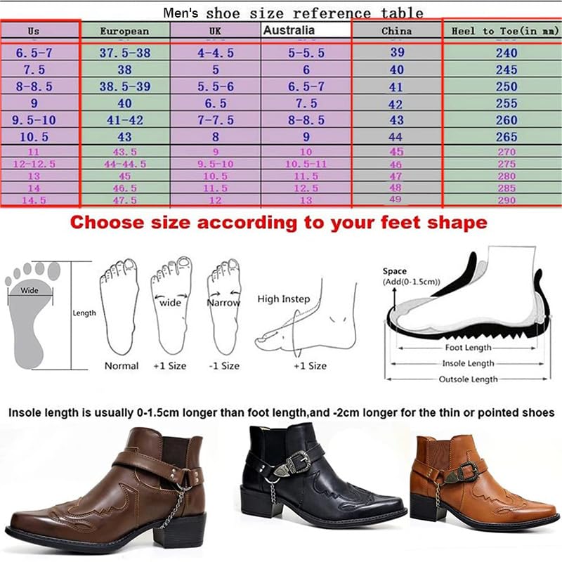 AngryMonkey Men's Pointed Toe Cowboy Boots Slip-On Chunky Heel Western Bootie Arch Support Personality Buckle Belt Chain Strap2