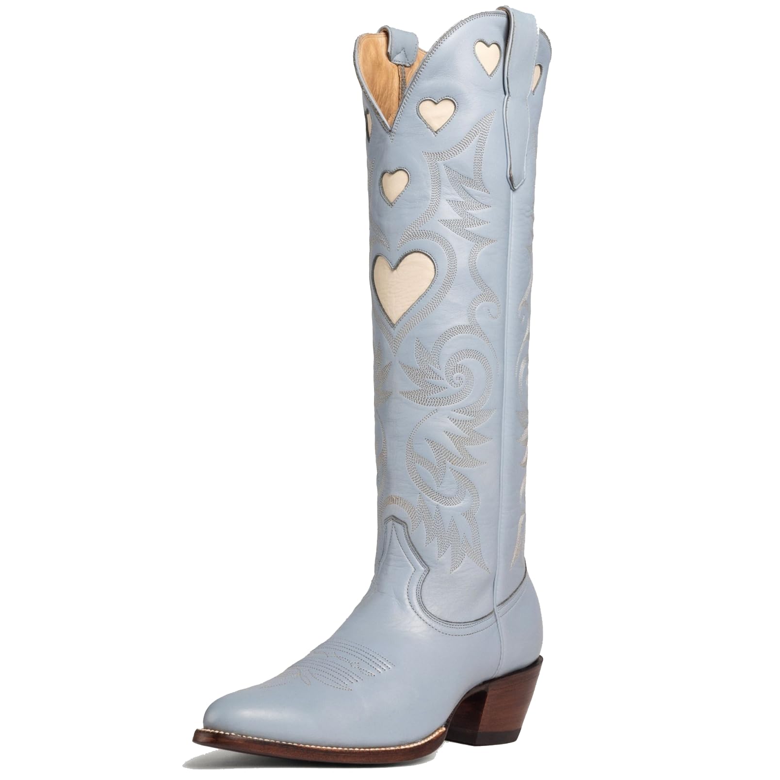 Alsoloveu Embroidered Cowboy Boots Women Heart pattern Knee High Cowgirl Boot Chunky Heel Pull On Western Booties