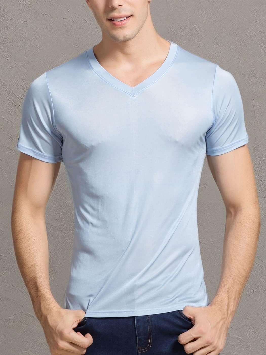 Grenasasilk Mens Silk T-Shirts Short Sleeve Mulberry-Silk Tee Tops Breathable & Moisture V-Neck Undershirt - Image 5