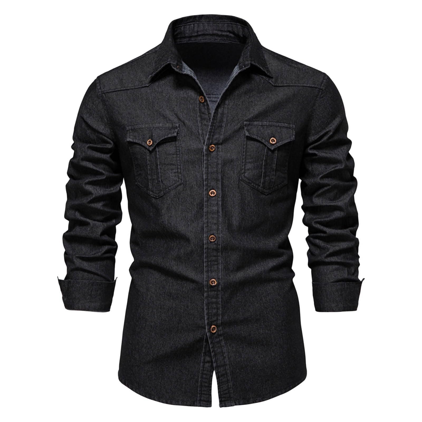 Generic Camisa vaquera para hombre, manga larga, no se encoge, cuello grande, elástica, duradera, con botones, lisa, casual, doble bolsillos delanteros, camisa vaquera occidental para hombre, talla S-XXL
