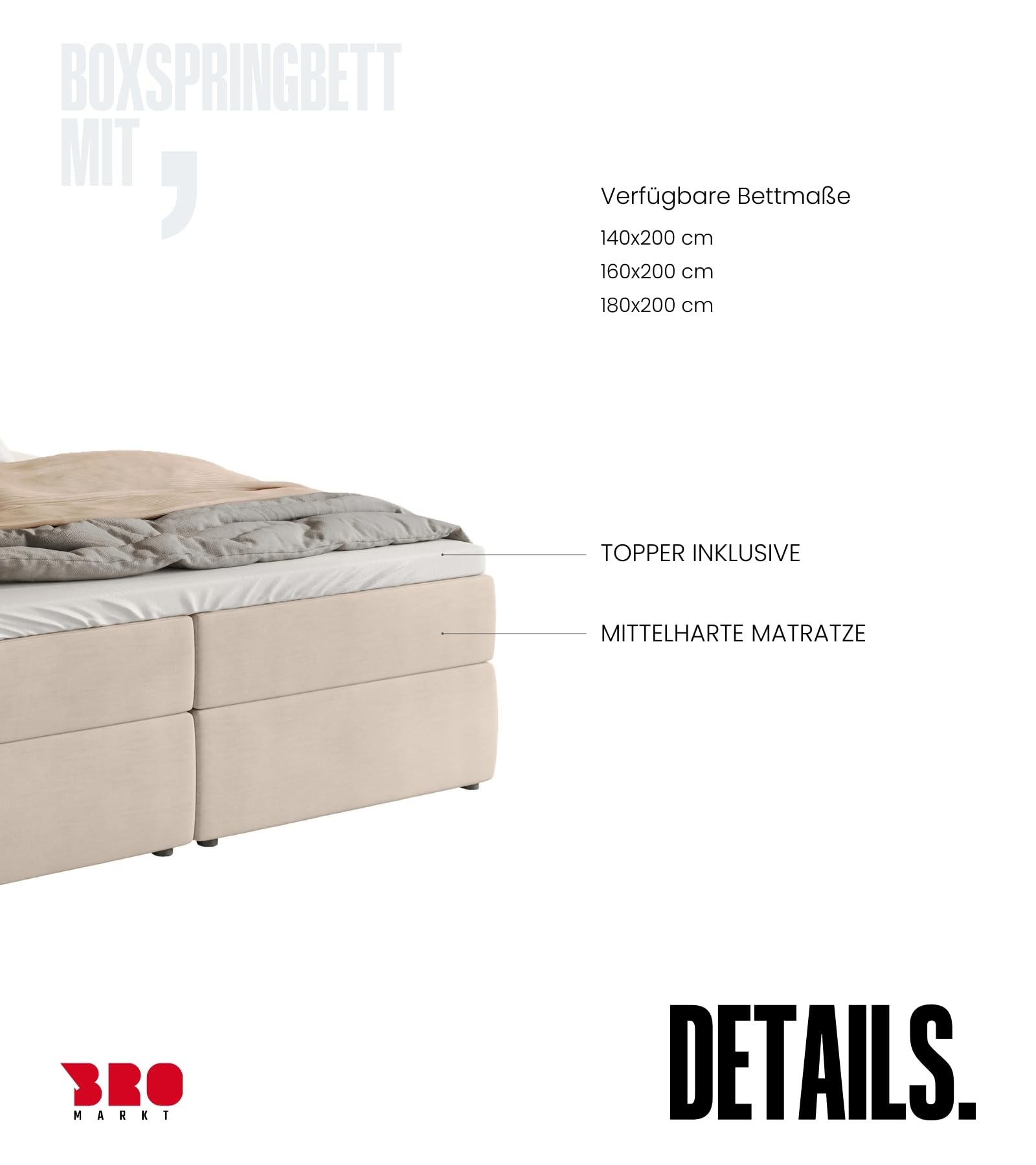 BROMARKT Boxspringbett mit Matratze 160x200cm Bett mit Topper Beige | Polsterbett mit Bettkasten Doppelbett für Schlafzimmer gepolsterte Kopfstütze Bed Bonell Härtegrad H3 DENVER