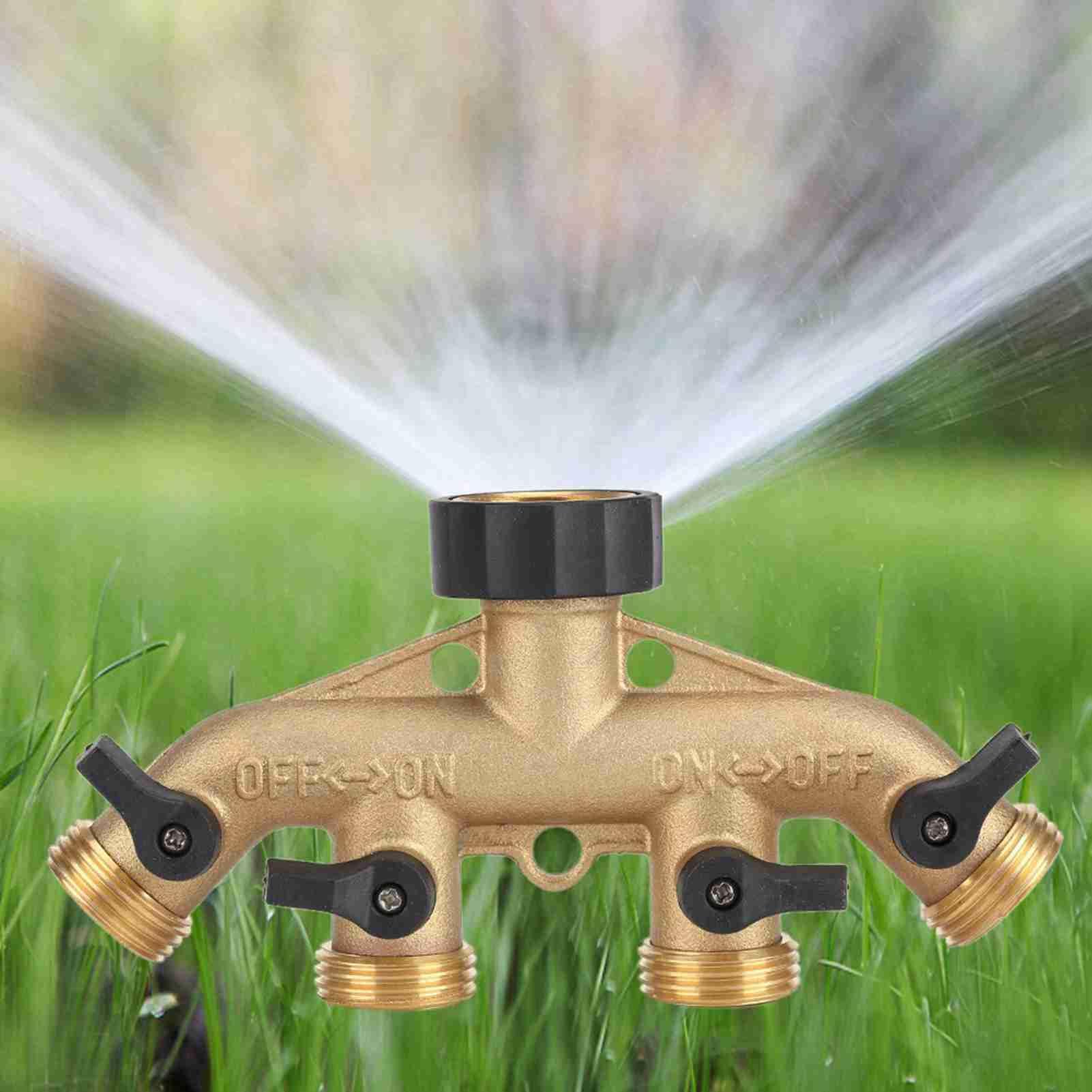 Zerodis Splitter Rubinetto Giardino 4 Vie in Ottone 3/4 Pollici, Divisore Acqua con Controllo Flusso Regolabile, Adattatore Irrigazione Giardino Dorato e Nero per Annaffiamento Esterno