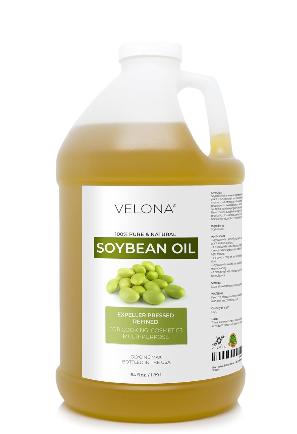 velona Soybean Oil - 64 Fl Oz | 100% Pure and Natural Carrier Oil | Refined | Cooking, Baking, Skin, Hair, Body & Face Moisturizing | Use Today - Enjoy Results