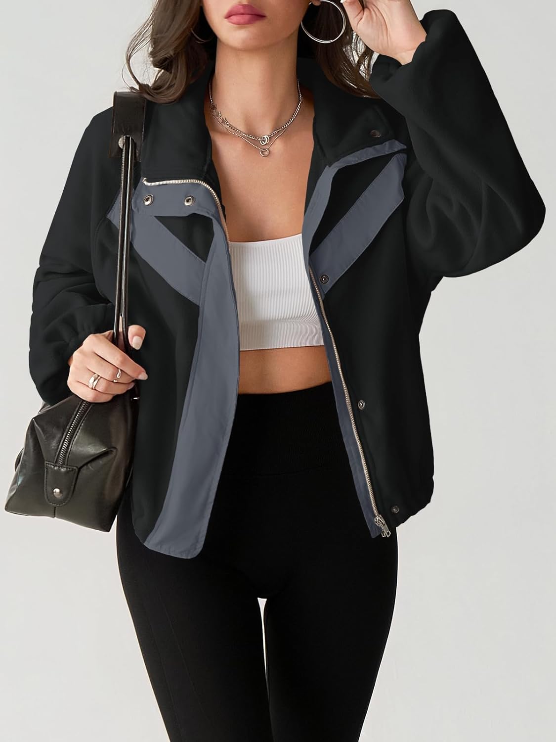 Fisoew Womens Fuzzy Fleece Cropped Jackets 2025 Fall Long Sleeve Zip Up Stand Collar Sherpa Jacket Winter Coats with Pockets - Image 6