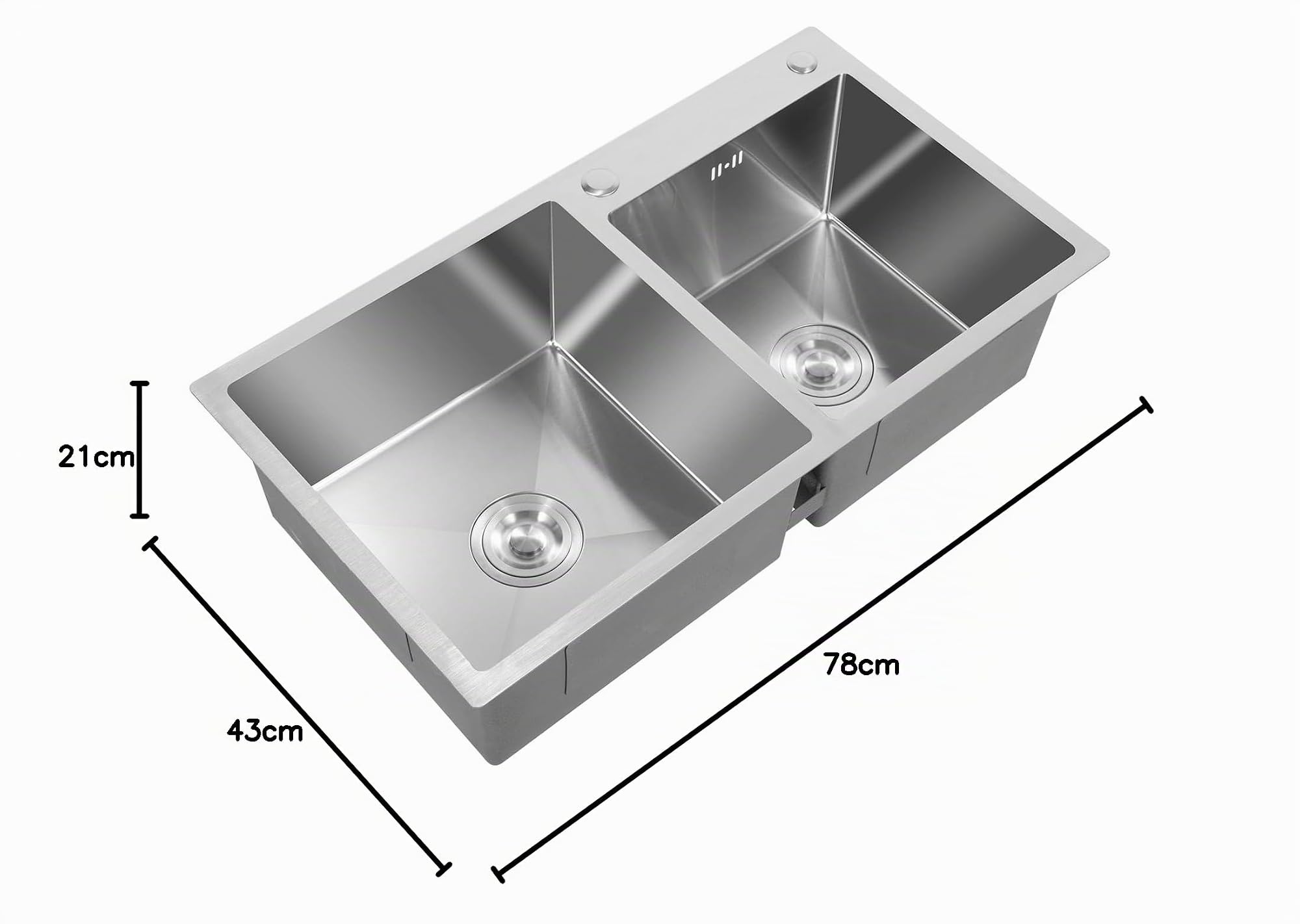 Évier double en acier inoxydable, 78 x 43 x 21 cm, avec égouttoir et isolation acoustique (2 bacs 35 x 35 cm, 30 x 30 cm), avec évacuation et évacuation en X pour cuisine/commerciale