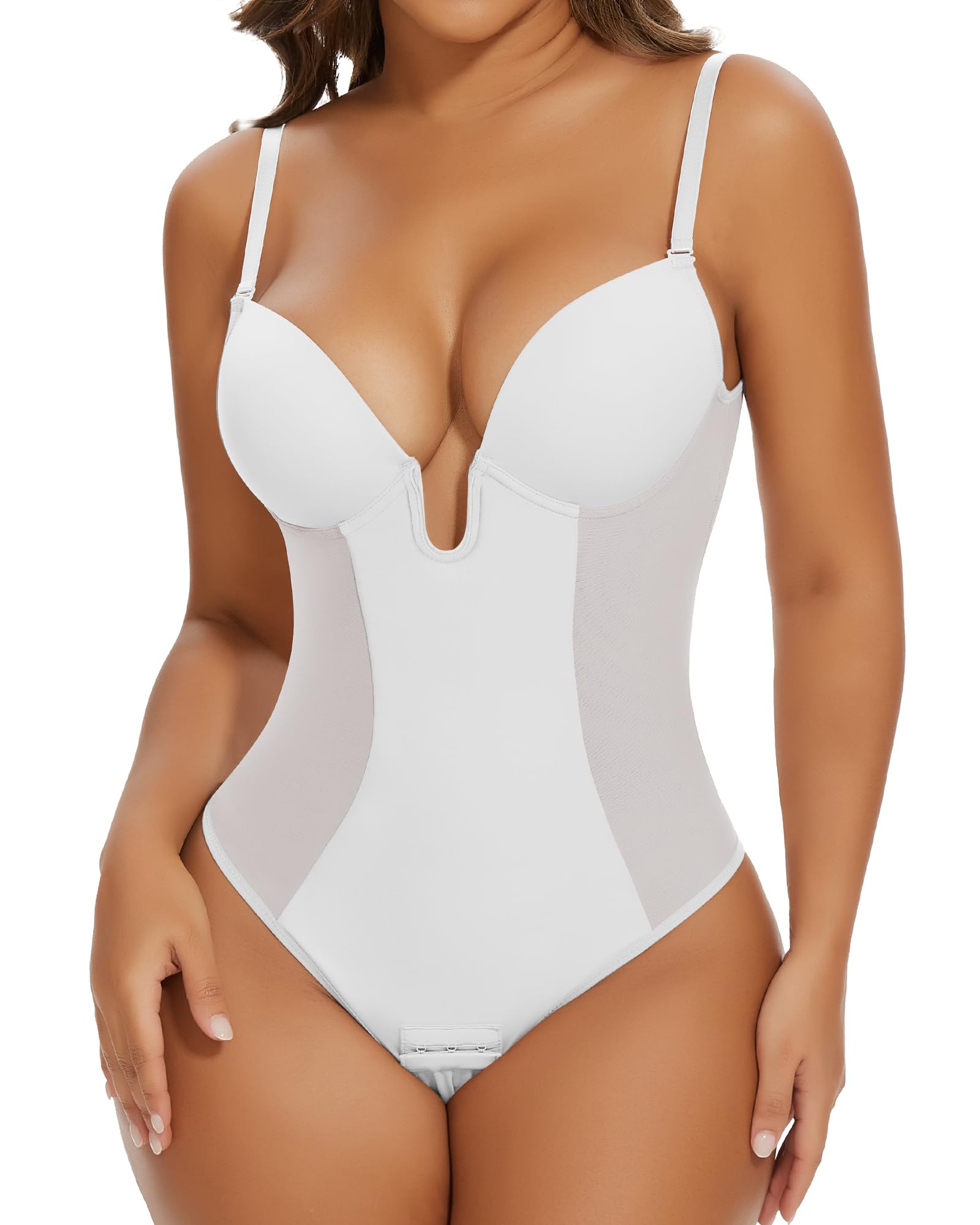 Photo 1 of SHAPERIN Women's Backless Shapewear Tummy Control Body Shaper Bra Faja U Plunge Low Back Shapewear Bodysuit (Large,White)