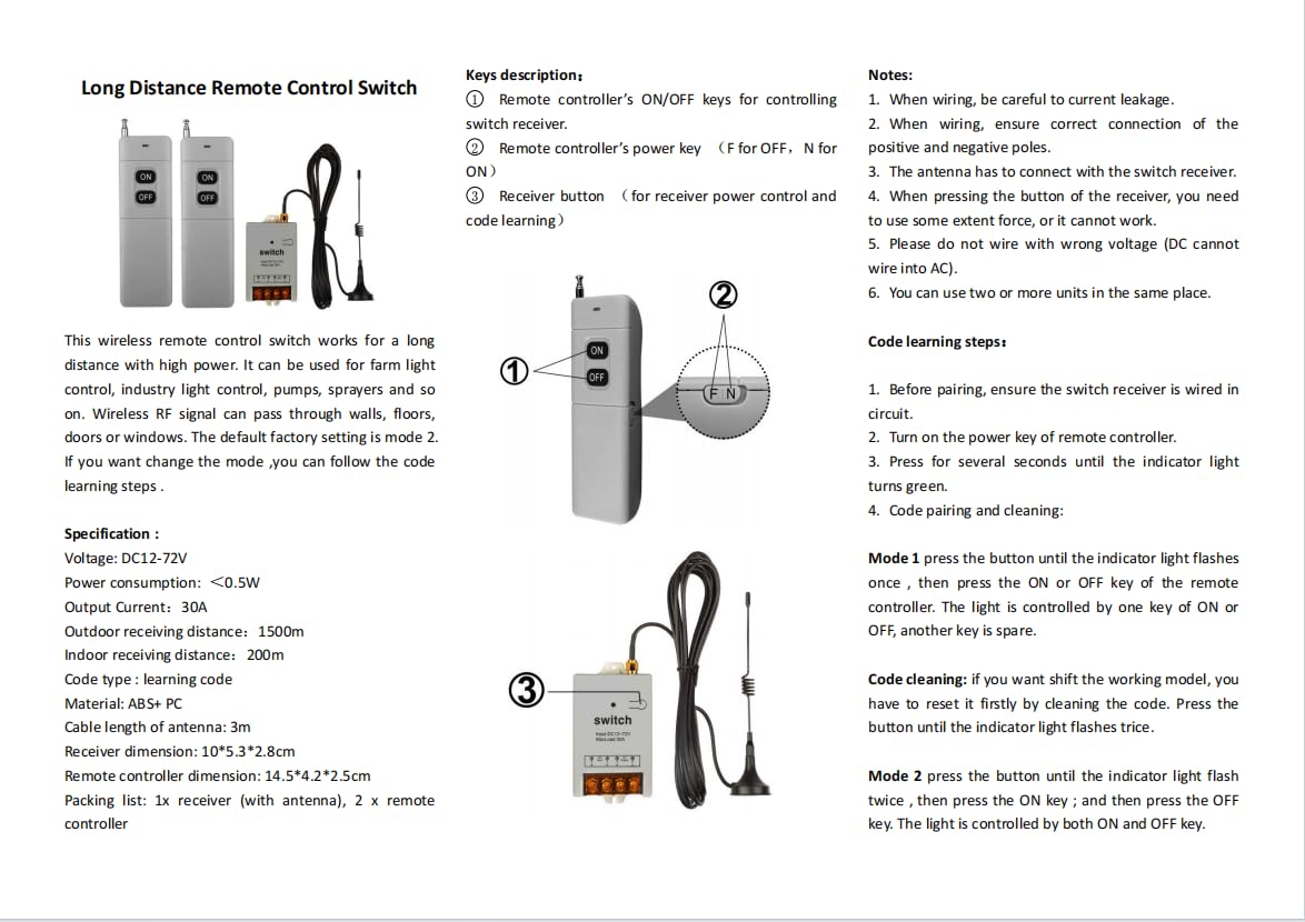 Jadeshay Commutateur à Distance sans Fil 12V, DC12-72V 30A Interrupteur de Télécommande sans Fil 500M/1640ft Commutateur de Télécommande de Relais pour Lampe Pompe À Eau Moteur Ventilateur